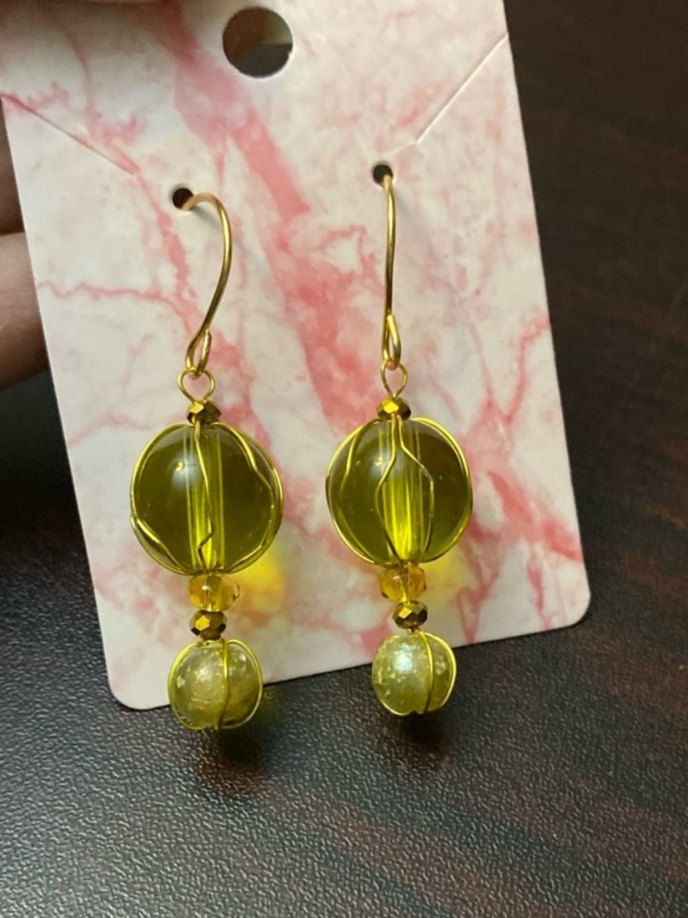 Yellow Glass Bead Drop Earrings with Gold Hooks